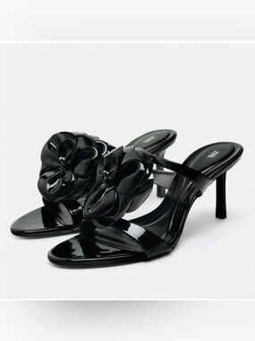 Zara Black Patent Floral Slide Heels